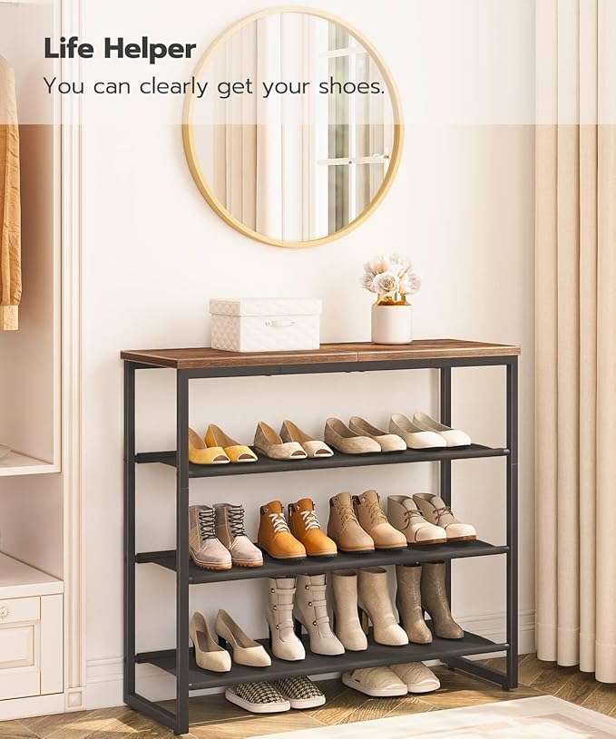 HOOBRO Shoe Rack, 4 Tier Shoe Storage Organizer with 3 Oxford Fabric Shelves and Top Panel, Holds 12-16 Pairs of Shoes for Entryway and Closet, Industrial, Rustic Brown BF47XJ01G1-NeatNest