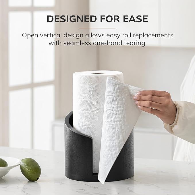 Anji Mountain Paper Towel Holder Countertop with Mango Wood Round Base and Iron Holder,Holder Stand for Kitchen Roll Organize,Wooden Paper Towel Holder for Kitchen Dining Table Home Decor