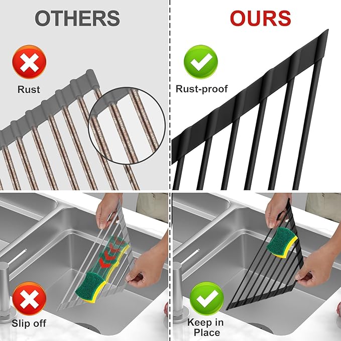 MERRYBOX Triangle Roll Up Dish Drying Rack Over The Sink, 2025 Anti-Rust Sink Drying Rack with Full Silicone Wrapped for Top of Sink Coner, Anti-Slip Organizer for Kitchen