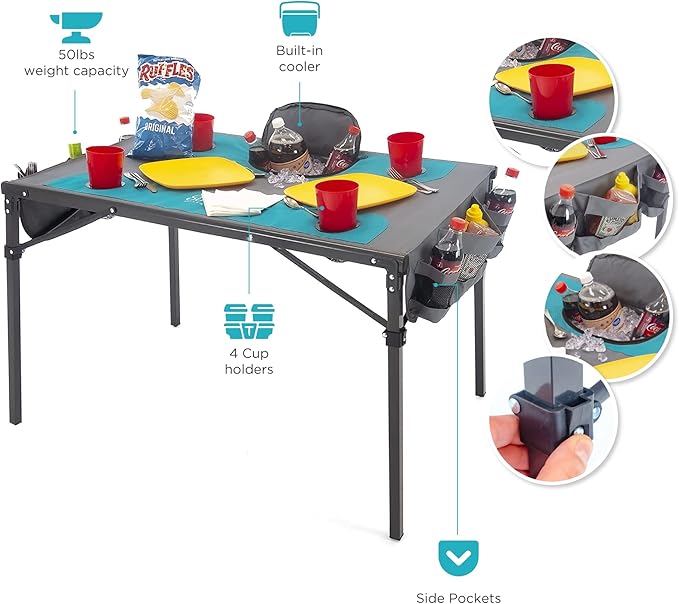 Creative Outdoors Folding Table with Built-in Cooler - Outdoor Portable Camping Table with 4 Cup Holders and Durable Steel Frame - Quality Material (Teal/Gray)-NeatNest