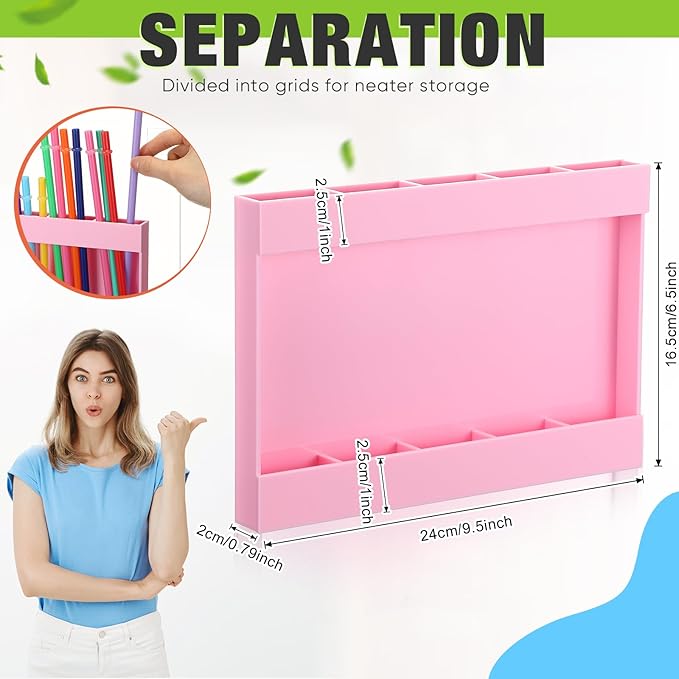 Acrylic Straw Holder for Cabinet Door with Double Sided Adhesive Tape Reusable Straw Organizer Tumbler Storage Kitchen Accessories Container for Counter Cupboard(Classic,Large,Pink)