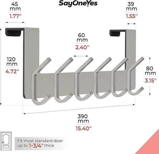 Brushed Nickel Over The Door Hooks – Heavy Duty Stainless Steel Door Hanger with 6 Double Hooks for Hanging Towels, Coats, Robes, Hats, Bags – No Drill Over Door Towel Rack for Bathroom & Bedroom-NeatNest