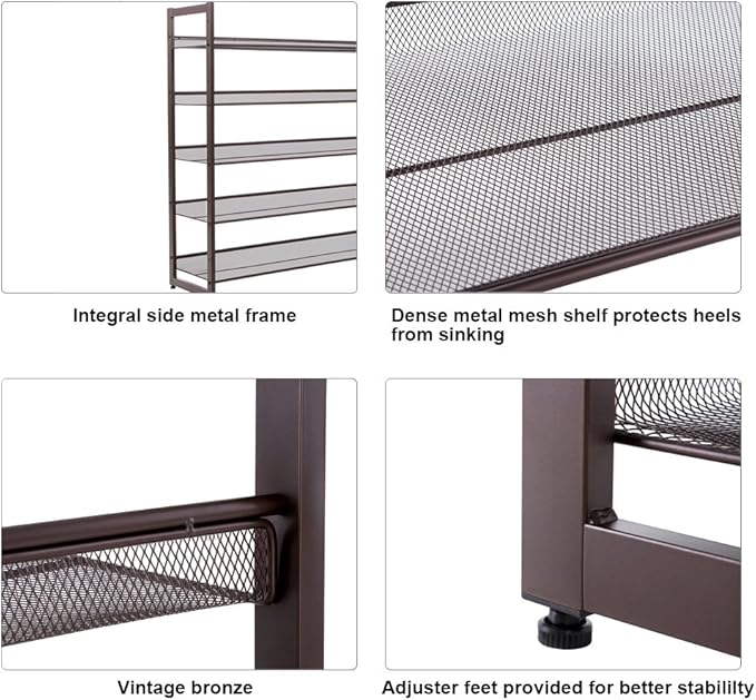 SONGMICS Shoe Rack, 5-Tier Shoe Organizer, Metal Shoe Storage for Garage, Stackable Shoe Shelf, with Adjustable Flat or Angled Shelves, 20-25 Pairs, Bronze ULMR05A-NeatNest