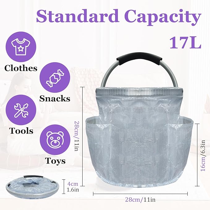 17L Portable Shower Caddy with Handle, Foldable Cleaning Supply Caddy in PVC Resin, Picnic Basket with 6 Side Pockets, Multifunctional Storage Basket for Bathroom, Picnics, Transparent-NeatNest