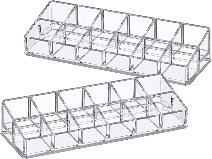 Amazing Abby - Glamour - 2-Pack 12-Slot Acrylic Nail Polish Organizer, Lipstick Holder, Lip Gloss Organizer, Cosmetic Storage Display, Perfect Storage Solution for Drawer, Vanity, Bathroom, and More-NeatNest