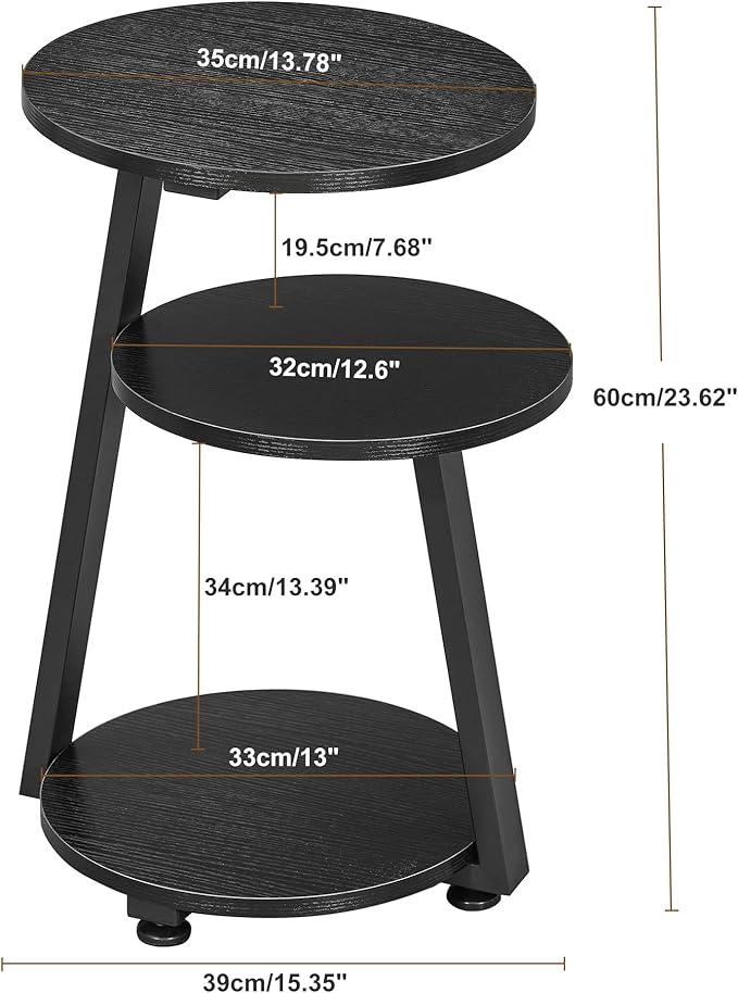 BEWISHOME Round End Table Side Table with Metal Frame, Accent Nightstand Bedside Table with 3-Tier Shelves, Small Couch Table for Living Room Bedroom Black KTZ41B-NeatNest