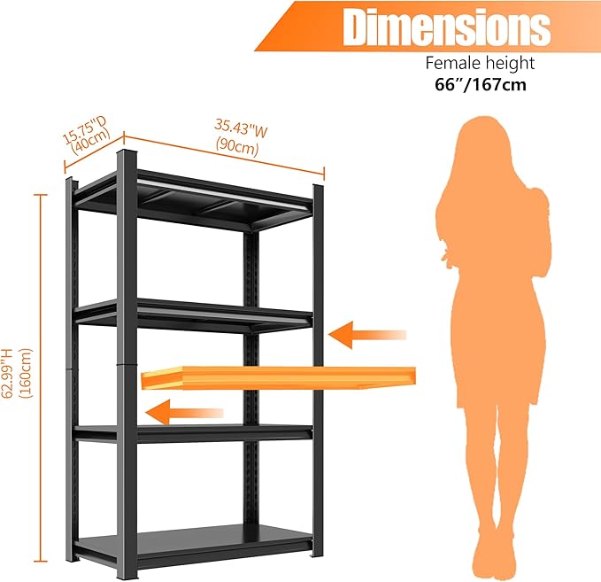 63"H Storage Shelves, 4 Tier Shelving Unit, Industrial Storage Unit, Metal Shelving Units, Adjustable Shelf Tool Storage Shelves for Garage, Garden, Outdoors, Black (35.4"W X 15.8"D X 63"H)