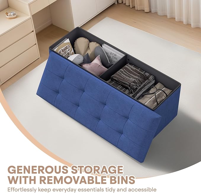 Ottoman Folding Storage Bench, 43x15x15 Inch, Foot Rest Stool for Living Room, Bedroom, Entryway, End of Bed - Multi-Functional Ottoman with Storage Navy Blue