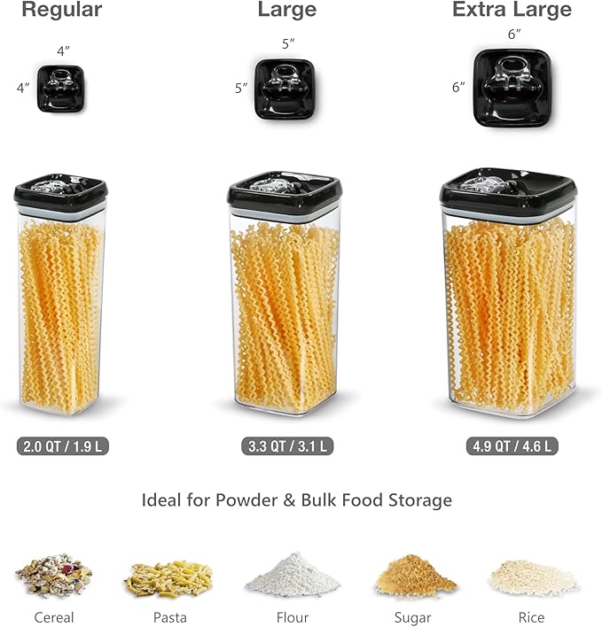 Felli Flip Tite Storage Container with Lid 6" XL Air Tight Ring Lock Top, Clear Acrylic Canister Set for Kitchen, Pet Cat Dog Food Treats, 5 lb Flour Sugar Pantry Organizer (Nest-L, Black)-NeatNest