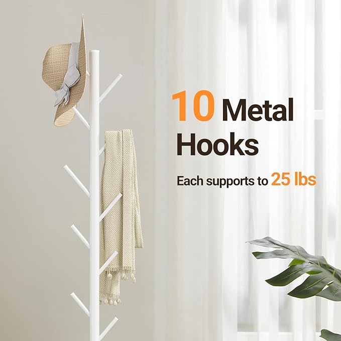 ELYKEN Coat Rack Freestanding with Natural Marble Base, Metal Coat Rack Stand with 10 Hooks, 3 Adjustable Size Coat Tree for Bags, Clothes, and Hats for Entryway, Bedroom, Hallway, Office, White-NeatNest