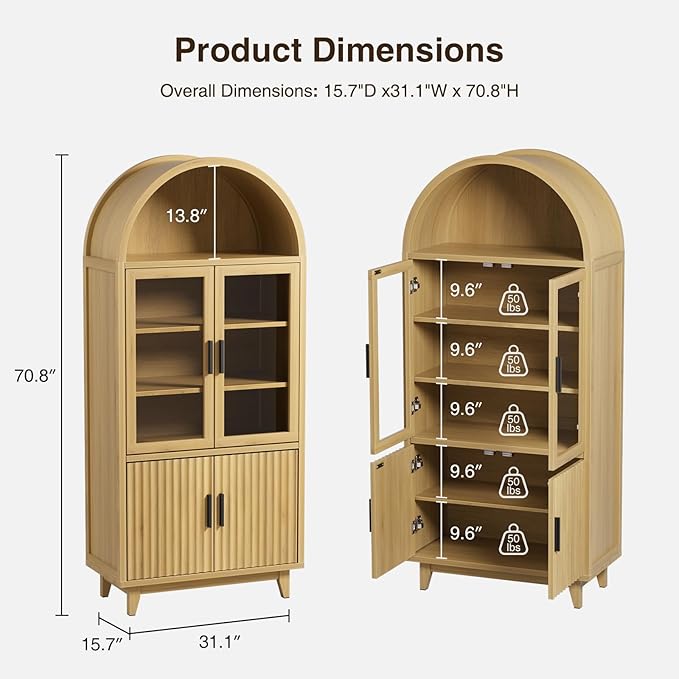 Arched Cabinet with Glass Doors, 71" Tall Fluted Galss Cabinet with Solid Wood Legs, Adjustable Shelves Accent Furniture for Living Room, Kitchen, Dining Room, Entryway, Natural