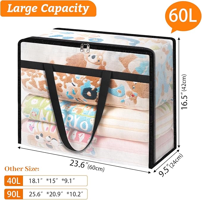 BlissTotes 4 Pack Clear Clothes Storage Bags, Under Bed Storage Containers, Foldable Blanket Storage Moving Bags with Sturdy Zipper and Handle for Clothing, Comforter, Bedding, Sheet (60L)-NeatNest