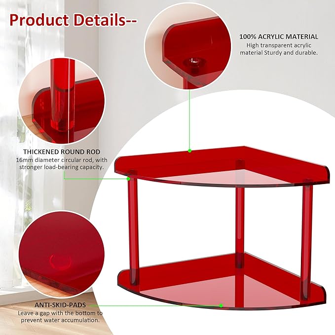2 Tier Acrylic Corner Shelf Organizer Storage 9.5x9.5x8 Inch, Red Countertop Corner Shelf for Bathroom, Kitchen, Bedroom, Office, Study Room-NeatNest