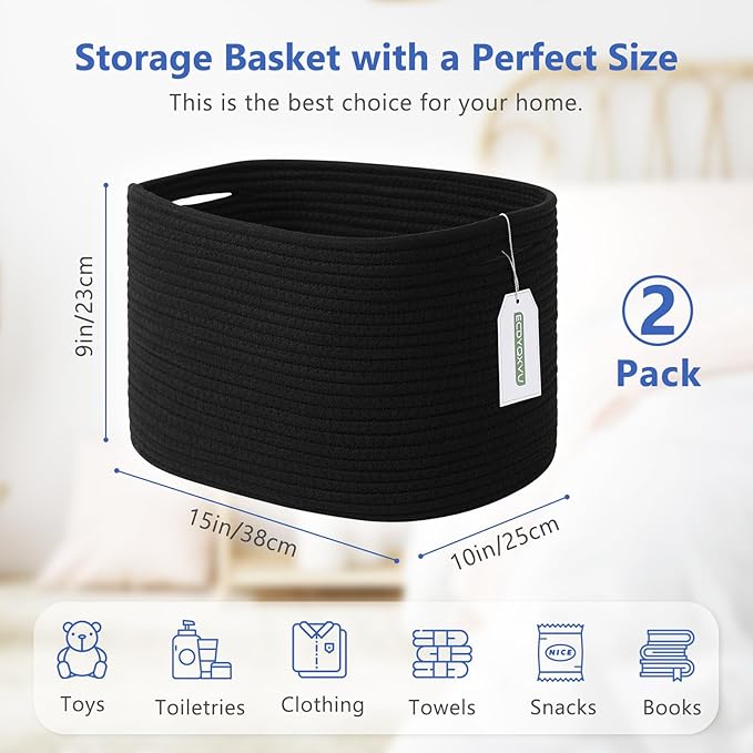 Cotton Rope Storage Basket, 15x10x9 Inches, Woven Basket for Shelves, Clothes, Toys, Towels, Books, and Laundry, Durable and Stylish, Black (2 Pack)-NeatNest