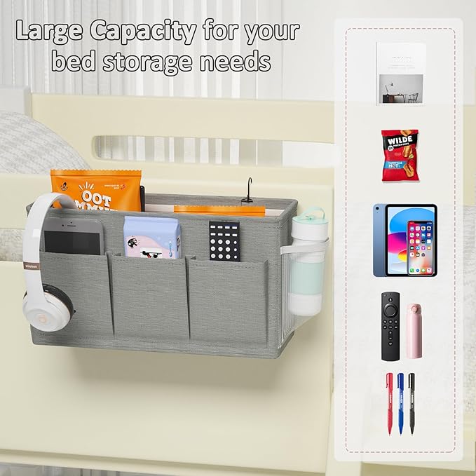 Dual-purpose Bedside Caddy Bedside Organizer, Bed Caddy with 6 Pockets, Versatile Bedside Storage Solution Magazine Remotes holder, ideal for Home, Dorm, Hospital, Crib Bed (Grey)-NeatNest