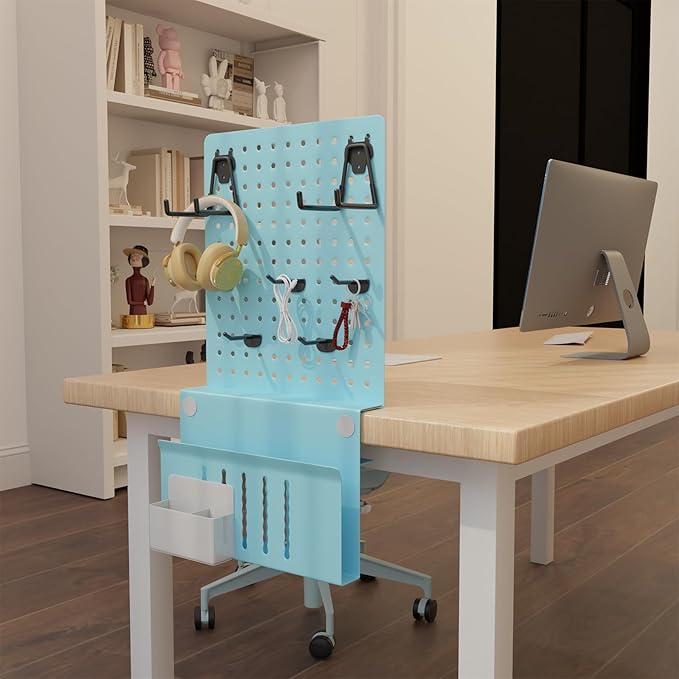 Desk Side Storage with Clamp-On Desk Pegboard, Steel Privacy Panel, No-Drill Desk Organizer with Pen Holder, Table-Side Laptop Holder for Office and Home (Blue)-NeatNest