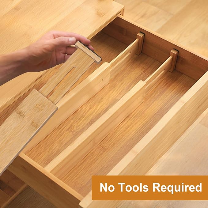 Bamboo Drawer Dividers Organizers, Kitchen Drawer Organizer, Adjustable Drawer Divider for Clothes, Kitchen, Dresser, Bedroom, Bathroom and Office, 4-Pack (Natural, 12-17 IN)-NeatNest