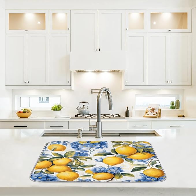 Dish Drying Mat Kitchen Counter - Absorbent Microfiber Drying Rack Pads Reversible Dish Pad Draining Mats for Countertop Coffee Mats,16x18 inch(Lemon)