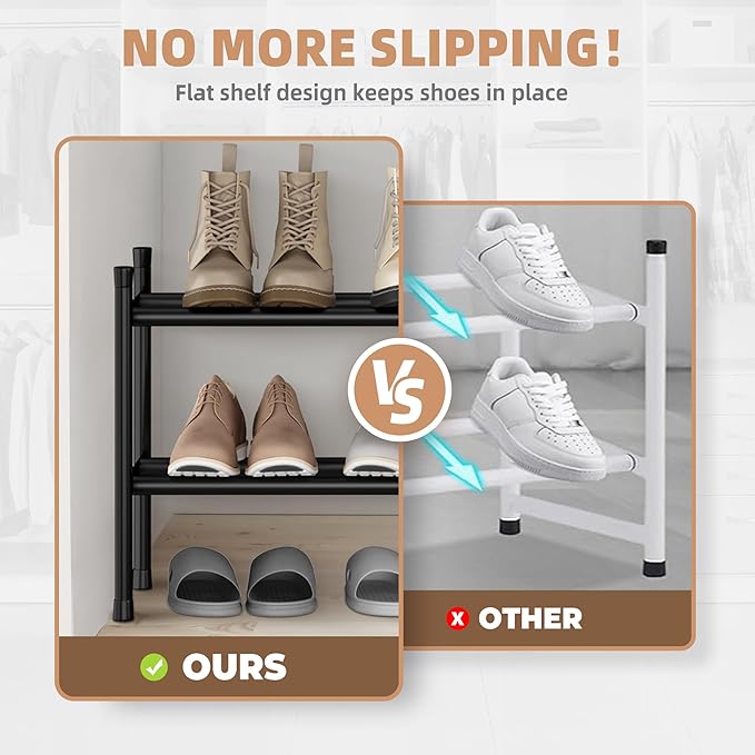 STORAGE MANIAC Long Expandable Shoe Rack, 12 Pairs Metal Wide Stackable Shoe Rack, Adjustable Shoes Shelf, Freestanding Shoes Organizer for Closet, Entryway, Hallway, Garage, Front Door, 2 Tiers-NeatNest