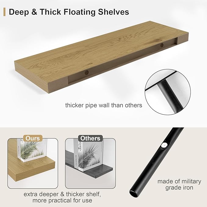 Heimlove Bathroom 12'' Deep Floating Shelves for Wall - Shelf Over Toilet Wall Mounted Farmhouse 24 inches,Rustic Wood Wall Shelves Decor & Storage Set of 1 Oak-NeatNest
