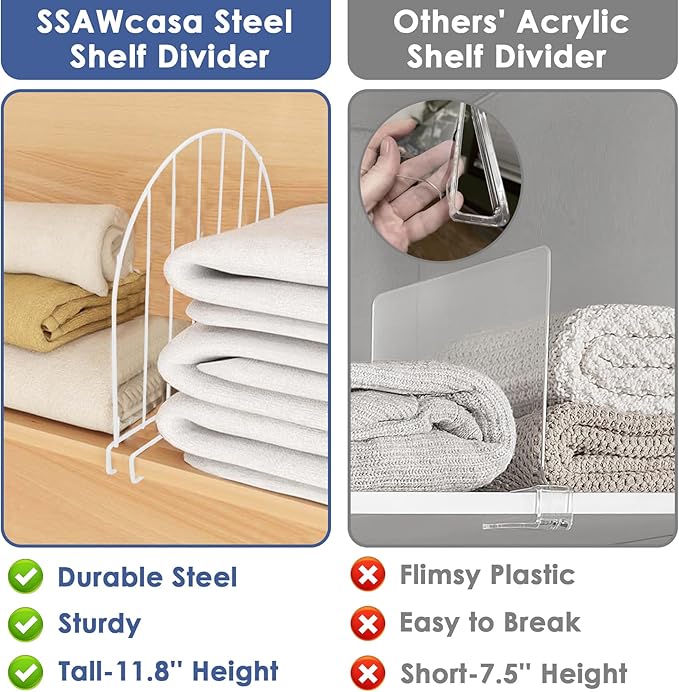 SSAWcasa Tall Shelf Dividers, 8 Pack 12’’ Shelf Dividers for Closet Organization, Metal Closet Organizer for Wood Shelves Separator for Purse Handbag Sweater Clothes Book Storage Wardrobe Cabinet-NeatNest