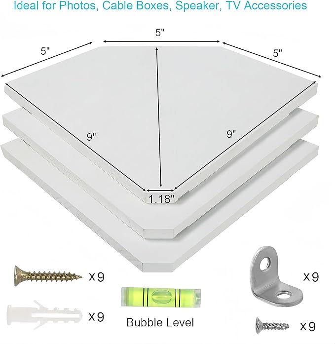 Corner Wall Shelves, Wood Corner Floating Shelves with Cable Raceway, Wall Mount Storage Display for TV Accessories, Monitor, Speaker, Cable Box, Game Console (White, Diamond- 10 Inch)-NeatNest