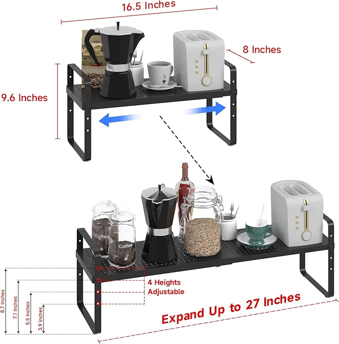 Expandable Cabinet Shelf Organizer Adjustable Metal Spice Rack Stackable Freestanding Counter Storage Shelves for Kitchen Cabinet Under Sink Office Desk (Black - 1Pack - L16.5-27'' * W8'' * H9.6'')-NeatNest