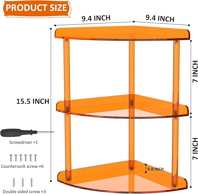 3 Tier Acrylic Corner Shelf Organizer Storage 9.5x9.5x15.7 Inch, Orange Countertop Corner Shelf for Bathroom, Kitchen, Bedroom, Office, Study Room-NeatNest