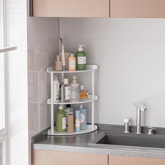 3 Tier Acrylic Corner Shelf Organizer Storage 9.5x9.5x15.7 Inch, White Countertop Corner Shelf for Bathroom, Kitchen, Bedroom, Office, Study Room-NeatNest