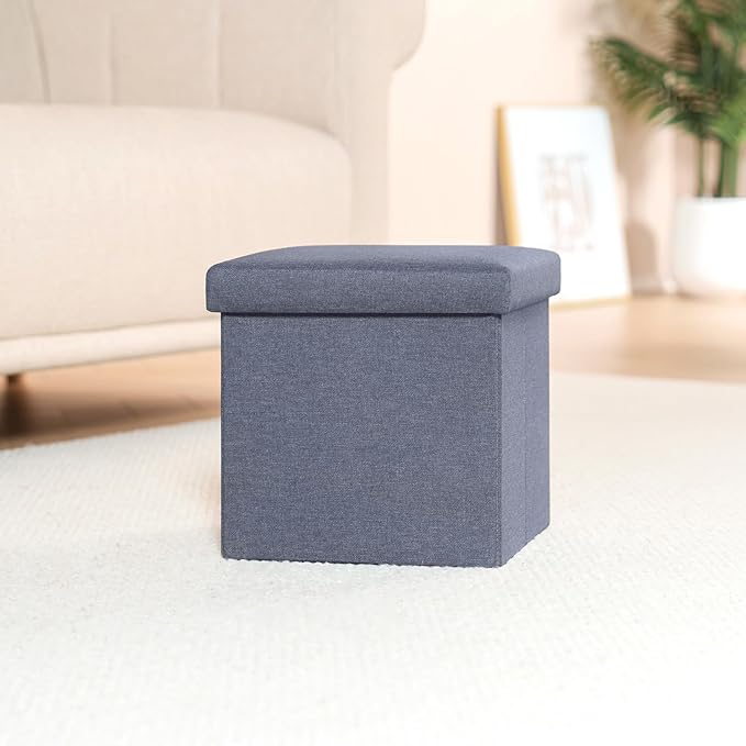 B FSOBEIIALEO Storage Ottoman Cube, Linen Small Foot Seat, for Living Room, Bedroom, Home Office, Dorm Storage Footrest Blue 11.8"x11.8"x11.8"