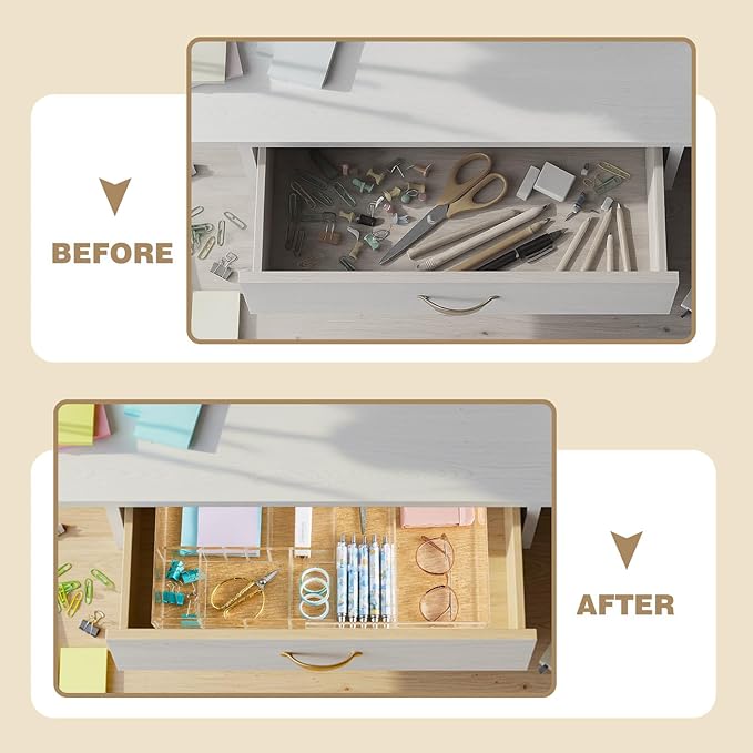 Acrylic Drawer Organizer Clear Desk Drawer Organizer Trays with Adjustable Compartments Desk Accessories for Office Stationery Makeup Silverware Bathroom(Expandable)