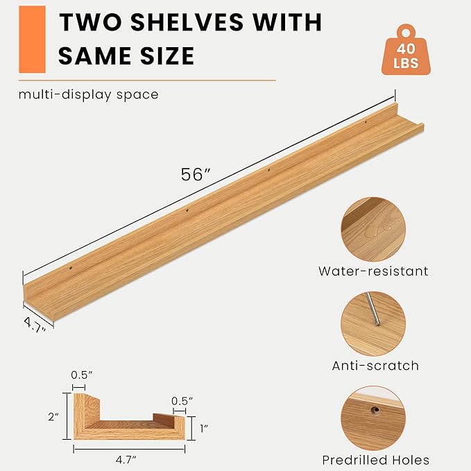 Heimlove Picture Ledge Shelf, Floating Shelves Set of 2, 56 Inches Picture Shelf for Wall with Ledge, Kids Bookshelf Wall Mounted for Living Room Bedroom Decor Books Photo Frames, Natural Oak-NeatNest