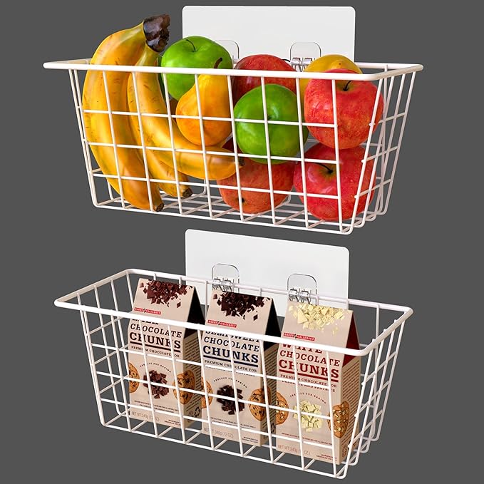 MaraFansie Wall Wire Baskets Bin No Drilling Adhesive Hanging Baskets Wall Mounted for Cabinet & Pantry Organization and Kitchen, Bathroom, Bedroom Storage, 2 Pack, White-NeatNest