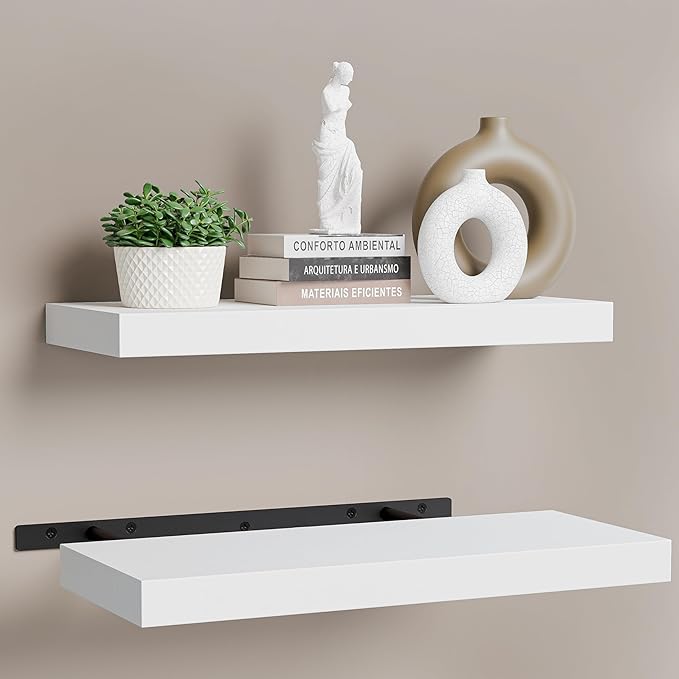 BATODA Set of 2 17" White Floating Shelves Wall Mounted for Bathroom – Wooden Decorative Wall Bookshelf - Storage Shelf Organizer for Home, Bedroom, Kitchen - Black Bracket, Shelving Mounting Included-NeatNest
