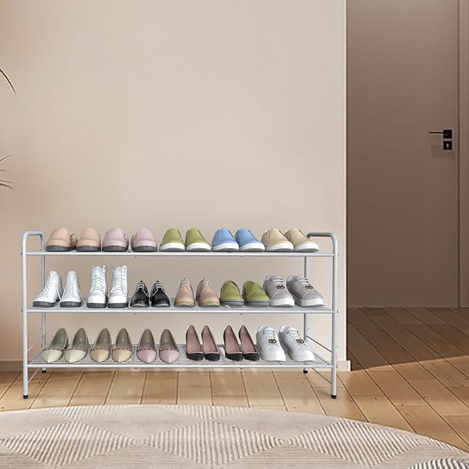 3-Tier Long Metal Shoe Rack,Extra Large Capacity Adjustable Stackable Shoe Organizer Shelf for Closet Entryway,Silver 42" W × 24.5" H-NeatNest