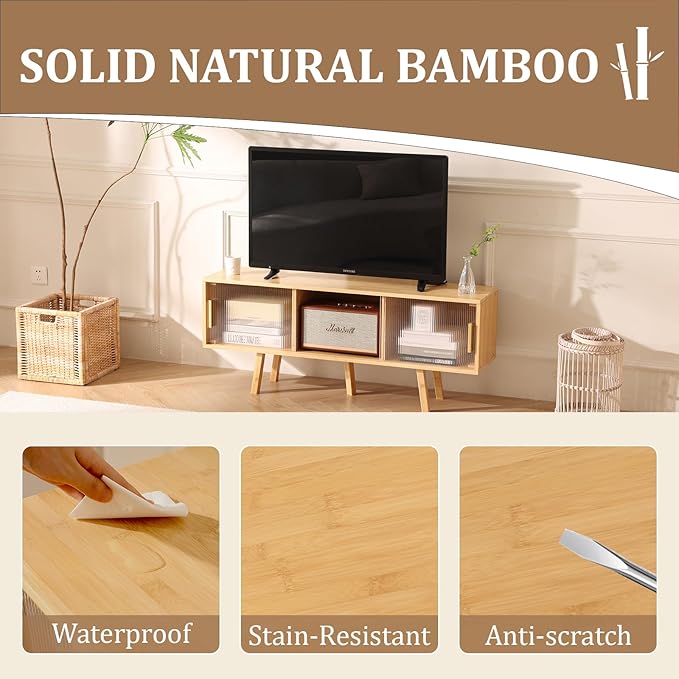 Bamboo TV Stand Entertainment Center- Mid-Century Modern Television Stand for 50 inch TVs, Bamboo Media Console Table, Open Storage Shelves for Living Room, Bedroom and Home Decor-NeatNest