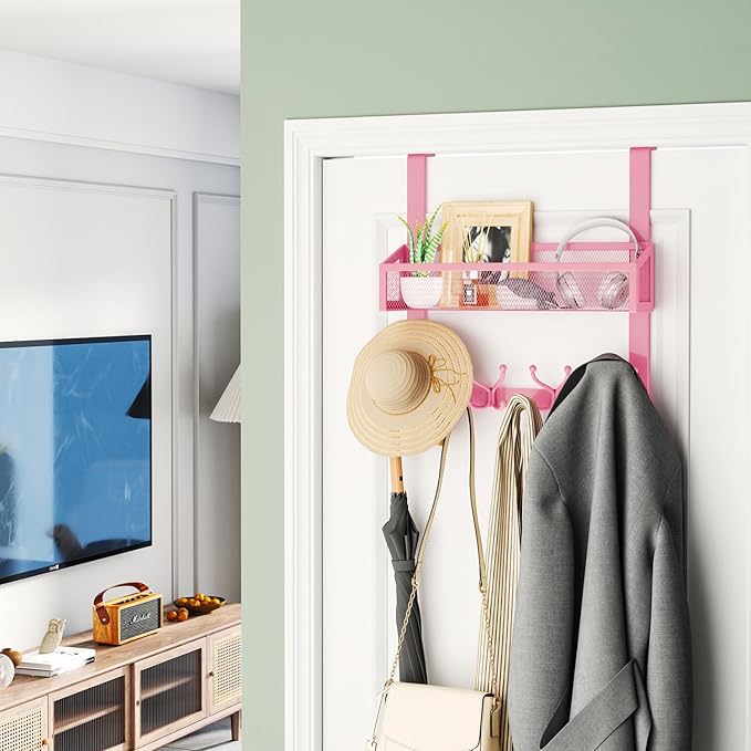HapiRm Over The Door Hooks - Easy Installation Pink Door Hanger with Basket and 16 Hooks, 304 Stainless Steel Storage Organizer for Towels, Coats, Bathroom, Kitchen, Dorm-Pink