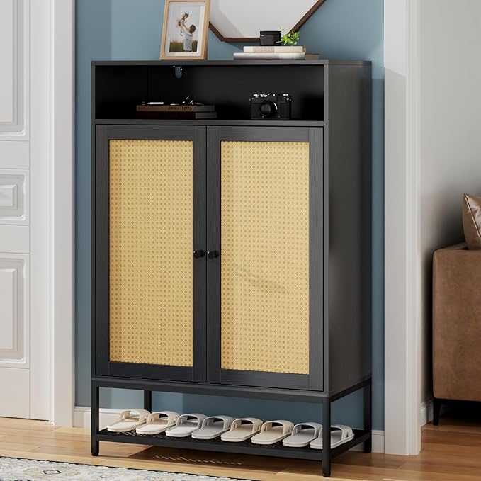 Rattan Shoe Organizer with Doors, Shoe Storage Cabinet with Adjustable Shelves for Entryway, 7-Tier Entryway Shoe Rack Storage for Hallway, Closet, Living Room-NeatNest