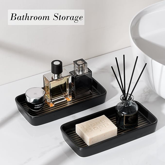 Bathroom Vanity Tray for Countertop,2PC Rectangle Striped Tray,Decorative Bathroom Organizer for Scrubber, Lotion Bottles, Perfume, Jewelry, Candle, Key Trinket Ring(Small,Black)-NeatNest