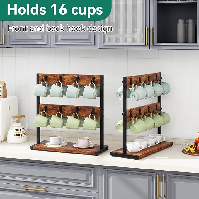 IBUYKE Wood Coffee Mug Holder for Countertop,16 Hook Mug Tree Holder Rack with Storage Base,Mug Display Organizer,Mug Holders for Home Kitchen, Rustic Brown UTBJ001H-NeatNest
