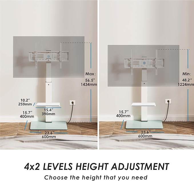 FITUEYES Floor TV Stand for 32-75 inch TV with Power Outlet, Tall TV Stand for Bedroom Living Room with Tempered Glass Base, Floor TV Mount Holds Up to 88lbs MAX VESA 600x400mm,White-NeatNest