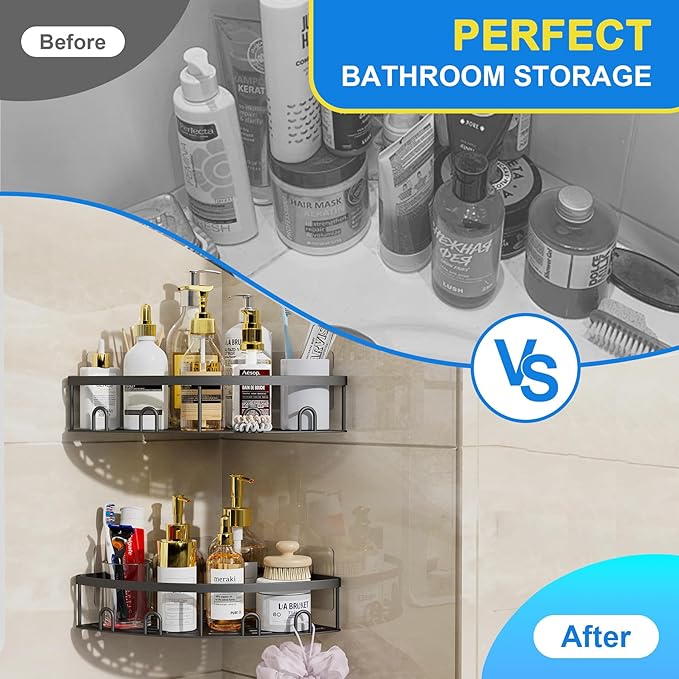 Corner Shower Caddy, 2 Pack Adhesive Bathroom Shower Corner Organizer Shelf, No Drilling Rustproof Wall Mounted Shower Storage Rack Shampoo Holder Organizer (Black)
