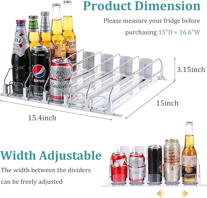 Drink Organizer for Fridge, Soda Can Organizer Dispenser for Refrigerator with Automatic Pusher Glide, Width Adjustable Clear Dividers Can Holder for 6-20oz Beverage, 15''D x15.4''W, 5 Rows