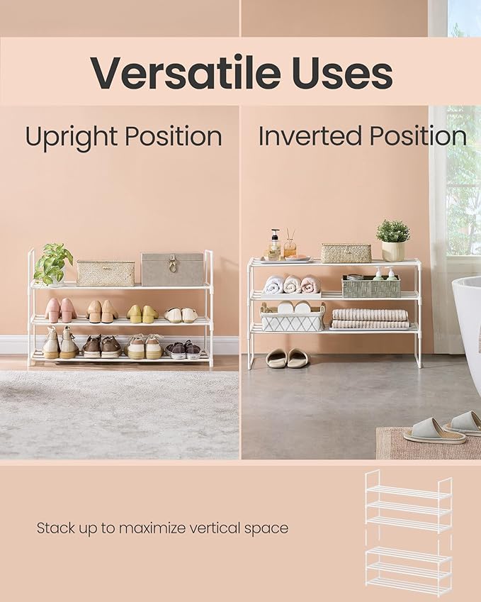 SONGMICS Shoe Rack, 3-Tier Shoe Organizer, Metal Storage Shelf, Upright or Upside Down, for 16-20 Pairs, Stackable, for Entryway, 11.8 x 36.2 x 21.7 Inches, Pearl White ULSA303W03-NeatNest