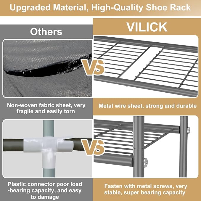 3 Tier Shoe Rack 33" Wide Metal Shoe Organizer Long Shoe Storage with 4 Side Hooks Sturdy Shoes Shelf for Front Door Entrance, Closet, Garage, Dorm, Grey-NeatNest