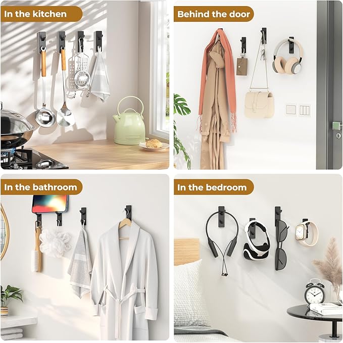 Black 6 Pack Aluminum Coat Hooks, Heavy Duty Self Adhesive Hooks for Hanging, 13LB Capacity, Bathroom Towel Shower Kitchen Door Hooks, 6 Pack-NeatNest