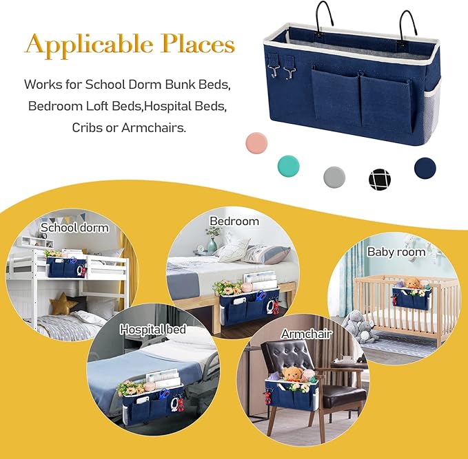 Bedside Storage Caddy/Bedside Hanging Storage Bag for Headboards Bunk Beds Dorm Rooms Book Phone Magazine Holder (Navy Blue)-NeatNest
