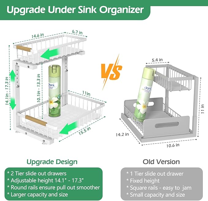 ADRIMER Under Sink Organizer 2 Packs, Pull Out Kitchen Sink Organizer, 2 Tier Slide Out Kitchen Organizers and Storage Bathroom Under Cabinet Storage Shelf, White-NeatNest