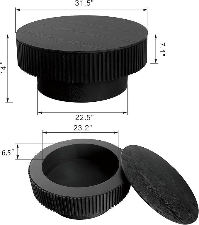 31.5'' Black Round Coffee Table with Storage Living Room Modern Circle Coffee Table with Pedestal Center Tables Fluted Accent Tea Tables for Apartment