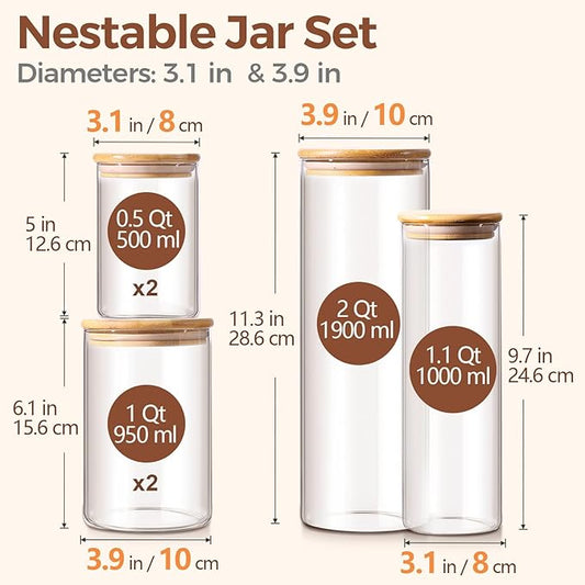 ComSaf Glass Food Storage Jars Set of 6, Clear Glass Storage Containers with Lids, Canisters Sets for the kitchen, Spaghetti, Pasta, Flour, Nuts, Oat, Coffee and Sugar Container, Pantry Organization-NeatNest